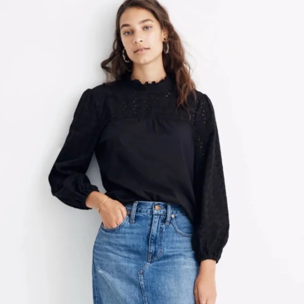 Madewell Classic Black Eyelet Ruffle Mockneck Blouse